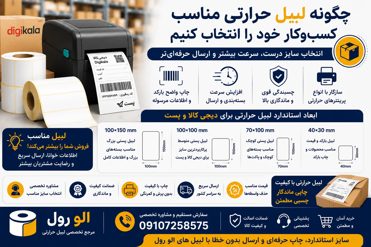 ابعاد استاندارد لیبل حرارتی برای دیجی کالا و پست